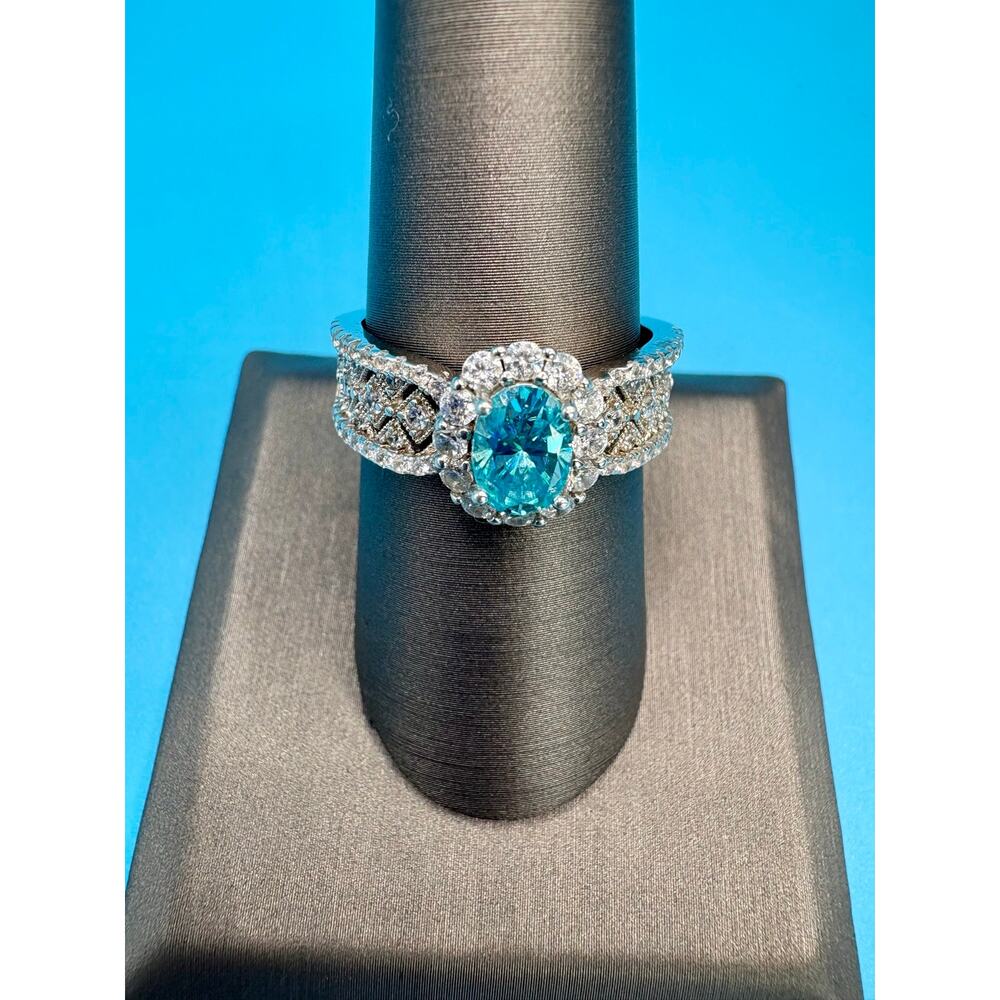 NEW Aquamarine Moissanite Ring & Necklace in PT950 & AU750 - Picture 2 of 12